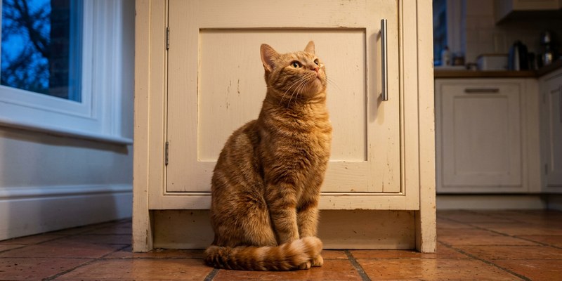 Gato naranja sentado muy quieto frente a la puerta cerrada de un armario de cocina