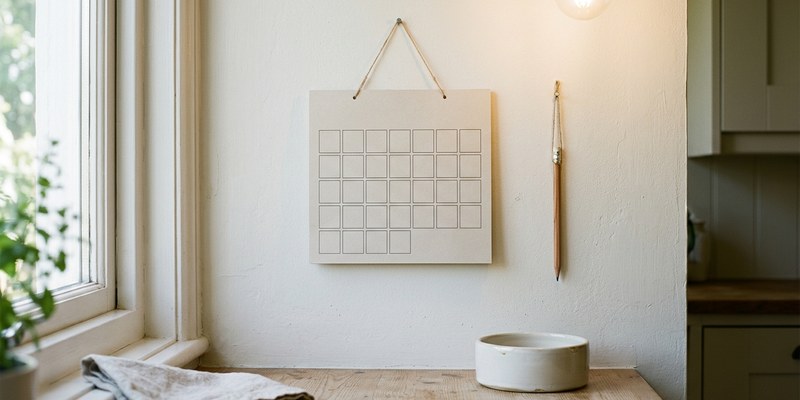 Calendario de pared de papel con las casillas en blanco junto a un lápiz colgado