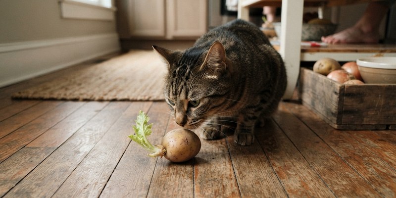 cat sniffing potato sprout
