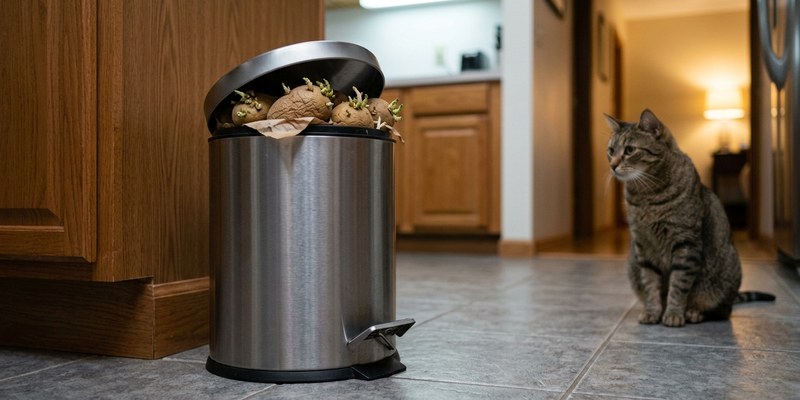 cat watching metal bin