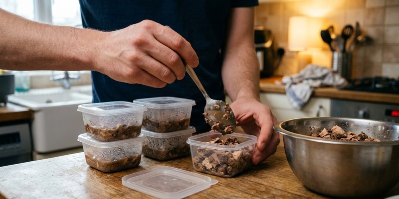 Manos repartiendo comida casera cocinada en pequeños recipientes transparentes sobre la encimera