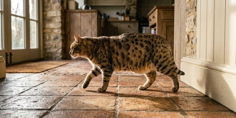 spotted cat walking kitchen