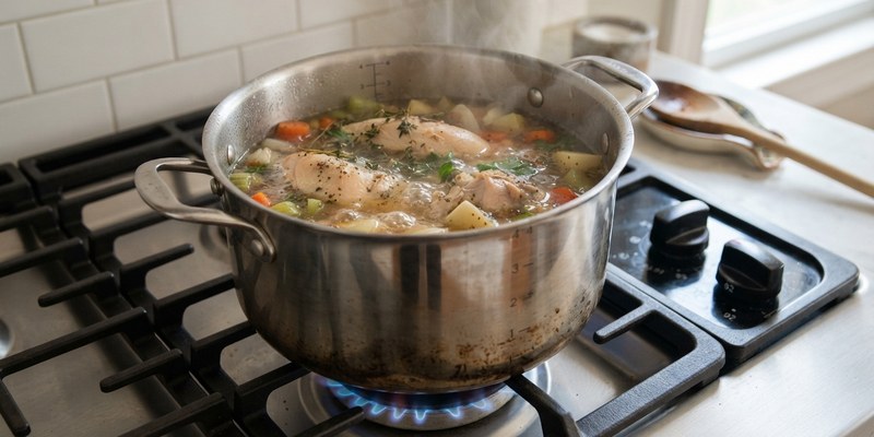 chicken simmering in pot