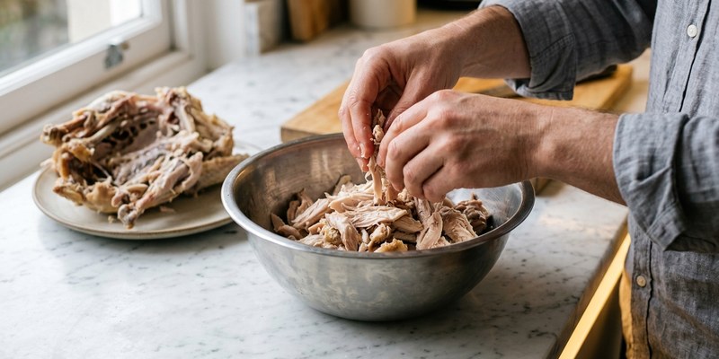 hands pulling chicken meat