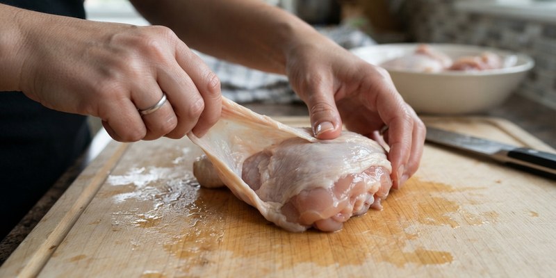 hands peeling raw chicken