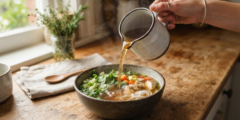 pouring broth from jug