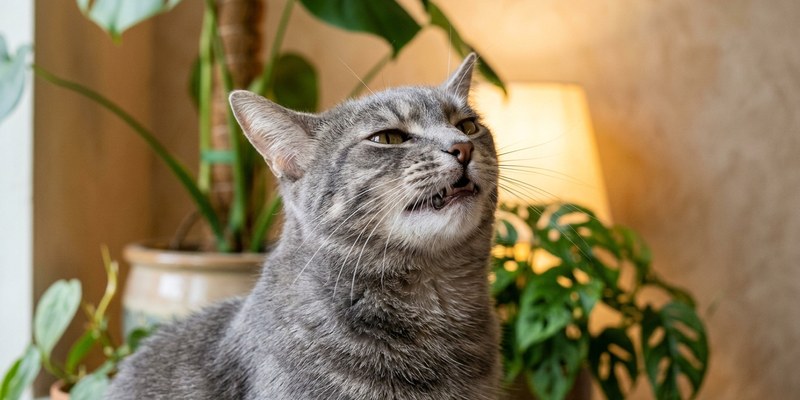 grey cat performing flehmen