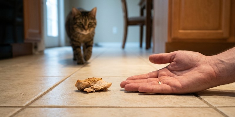 cat approaching chicken on
