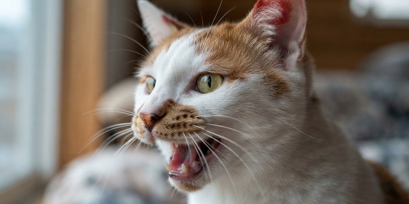 Primer plano de la cabeza de un gato bobtail blanco y rojo maullando con la boca abierta