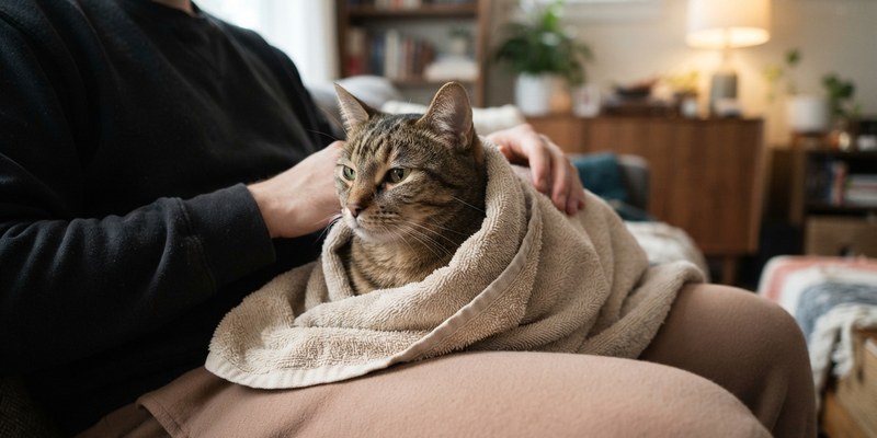 Gato tranquilo envuelto en una toalla beige sobre el regazo de una persona sentada