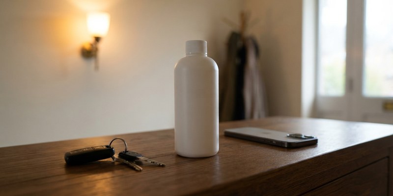 Botella de plástico blanca sin etiqueta en un recibidor junto a unas llaves y un móvil