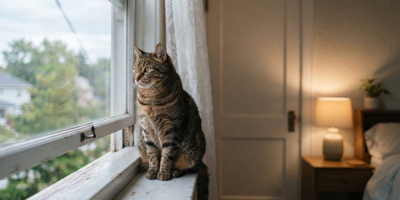 Gato sentado en el alféizar de un dormitorio con la ventana entreabierta y la puerta cerrada