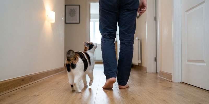 Gato bobtail japonés caminando pegado a unas piernas por el pasillo de una casa