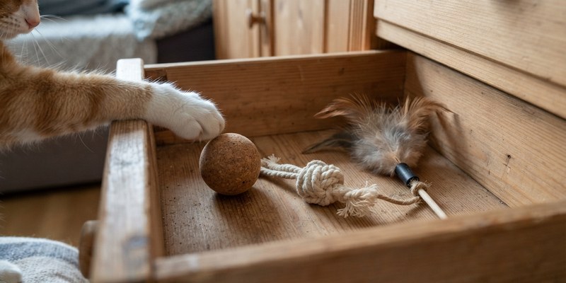 Cajón abierto con juguetes sencillos de gato y una pata asomando por el borde