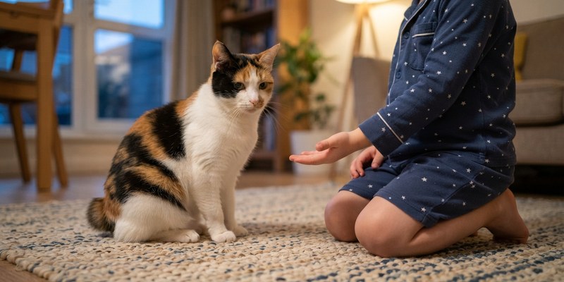 Gato bobtail japonés sentado en una alfombra mientras un niño en pijama le ofrece la palma
