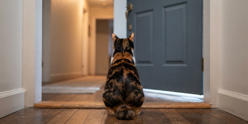 Gato bobtail japonés sentado de espaldas en el recibidor frente a la puerta de casa