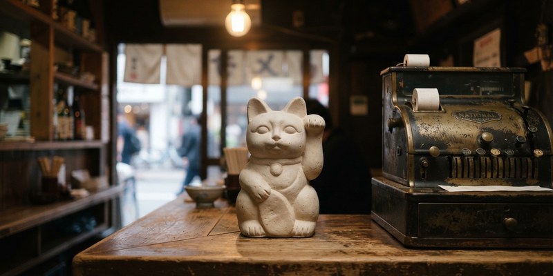Figura de cerámica de un gato con la pata alzada sobre el mostrador de un pequeño local
