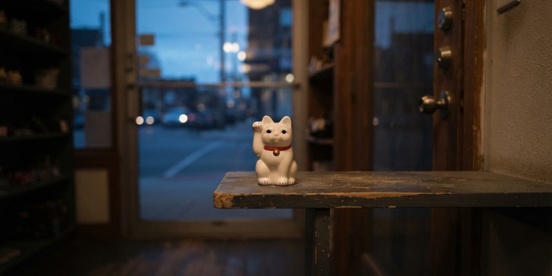 Figura blanca de gato con la pata alzada en un estante junto a la puerta de una tienda