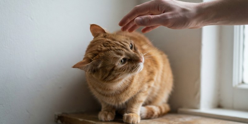 Mano bajando hacia la cabeza de un gato pelirrojo que se echa hacia atrás