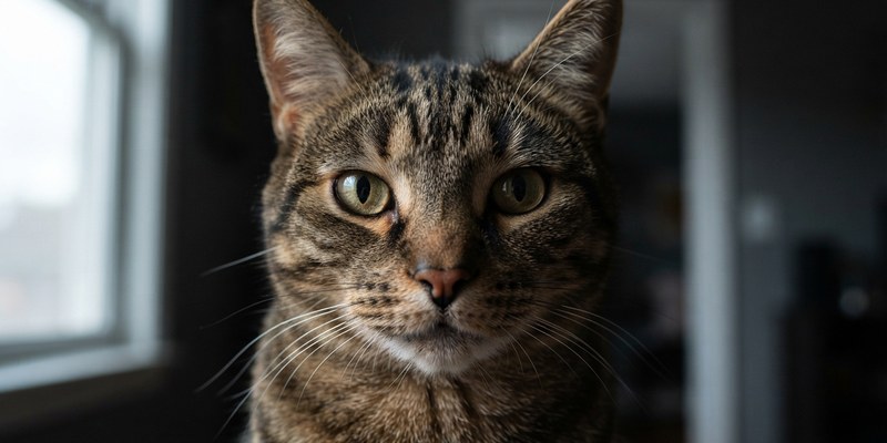 Primer plano de un gato atigrado marrón mirando fijamente a cámara con las pupilas redondas