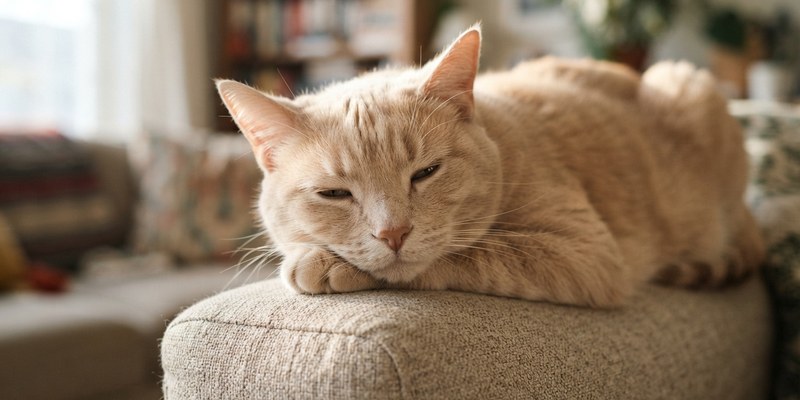 Gato crema con los ojos entornados apoyando la cabeza sobre sus patas dobladas