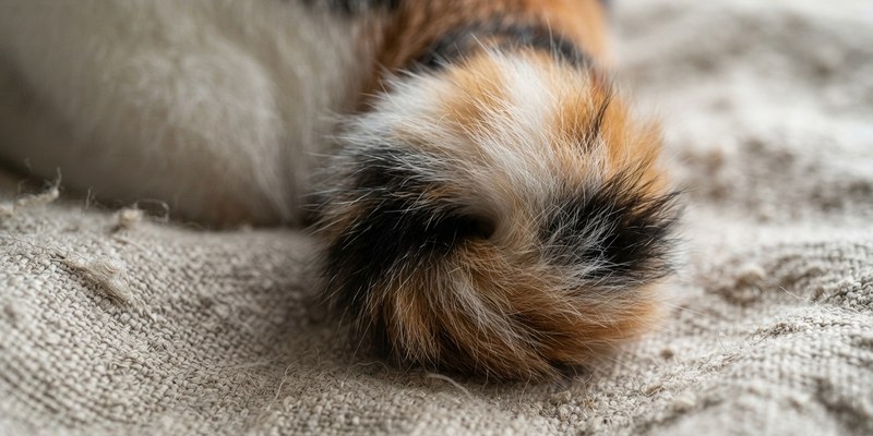 Primer plano de la cola corta y rizada de un gato calicó sobre una manta de lino