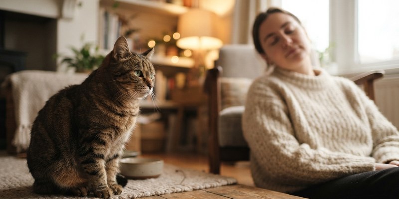 Gato atigrado enfocado en primer plano y persona desenfocada al fondo con los ojos cerrados