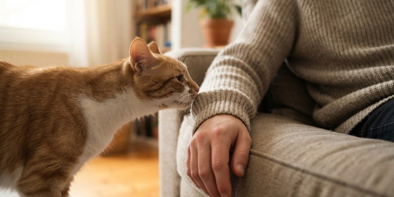 Gato estirando el cuello para olfatear la manga de una persona sentada e inmóvil