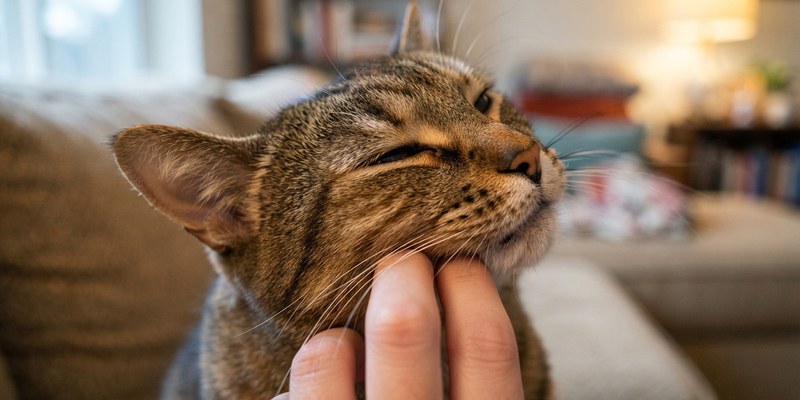 Dos dedos rascando la mejilla de un gato que empuja la cara contra la mano
