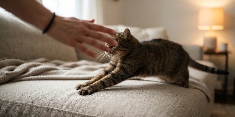 Mano retirándose mientras el gato se estira hacia delante siguiéndola