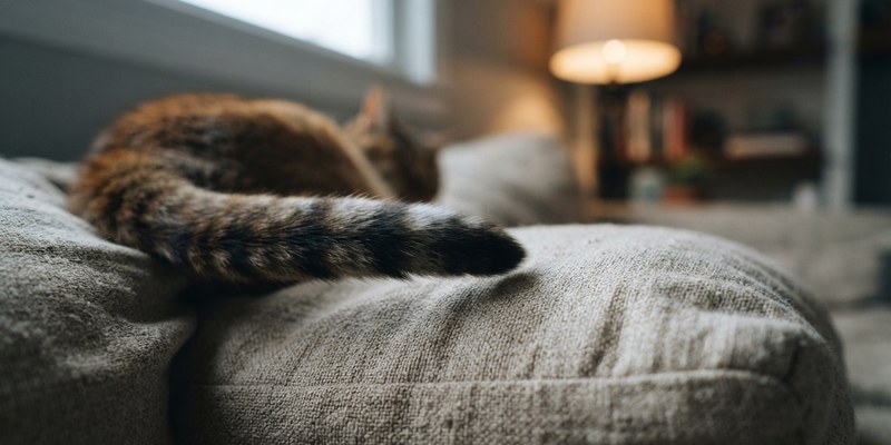 Punta de la cola de un gato levantada y golpeando el cojín del sofá