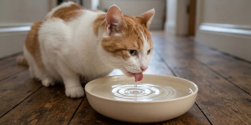 Gato blanco y naranja bebiendo de un cuenco ancho de agua en el pasillo