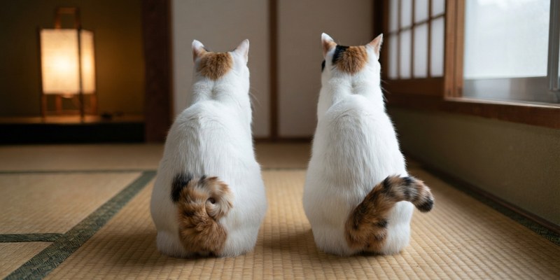 Dos gatos bobtail japoneses sentados de espaldas sobre un tatami con colas de distinta forma