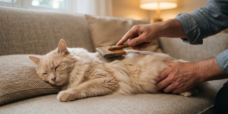Dos manos cepillando el lomo de un gato crema de pelo largo tumbado en el sofá