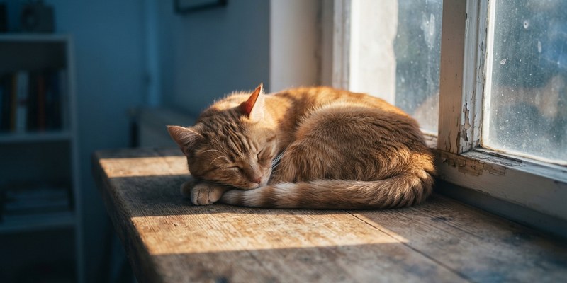 Gato pelirrojo dormido hecho un ovillo en una mancha de sol sobre el alféizar