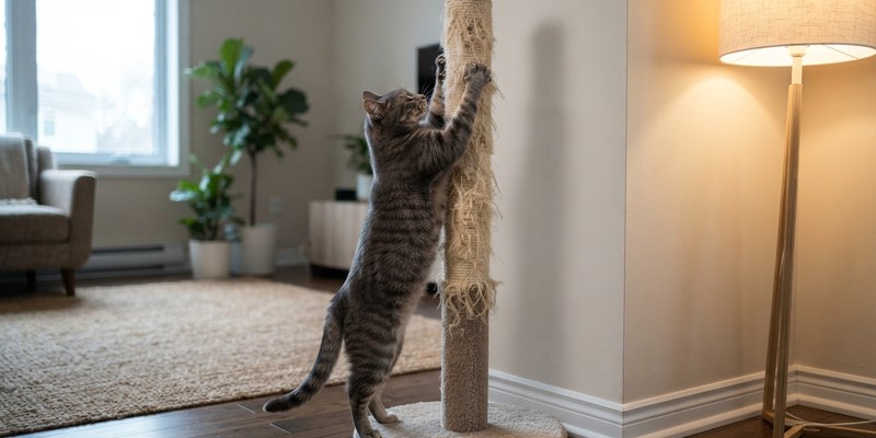 Gato atigrado gris estirándose con las patas delanteras en alto sobre un rascador de sisal