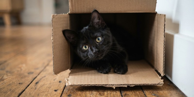 Gato negro joven asomando la cabeza y las patas desde dentro de una caja de cartón