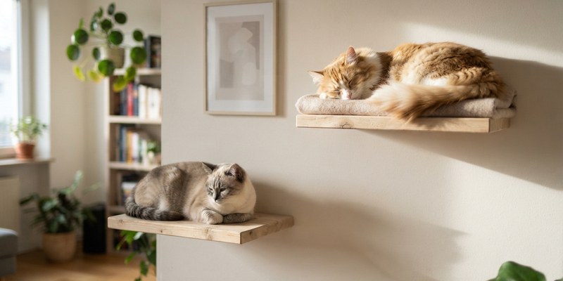Dos gatos descansando en estanterías separadas a distinta altura de la misma habitación