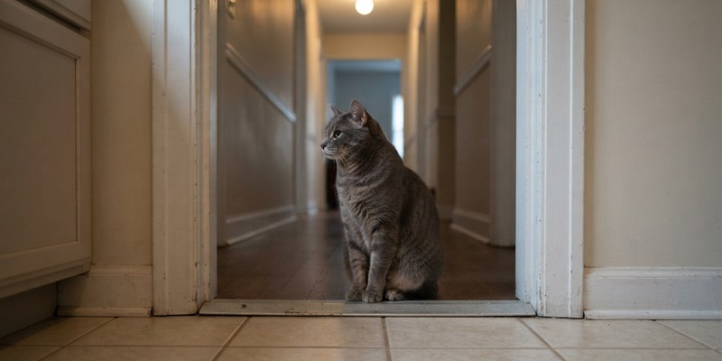 Gato gris sentado en el umbral de la cocina mirando hacia el pasillo y esperando