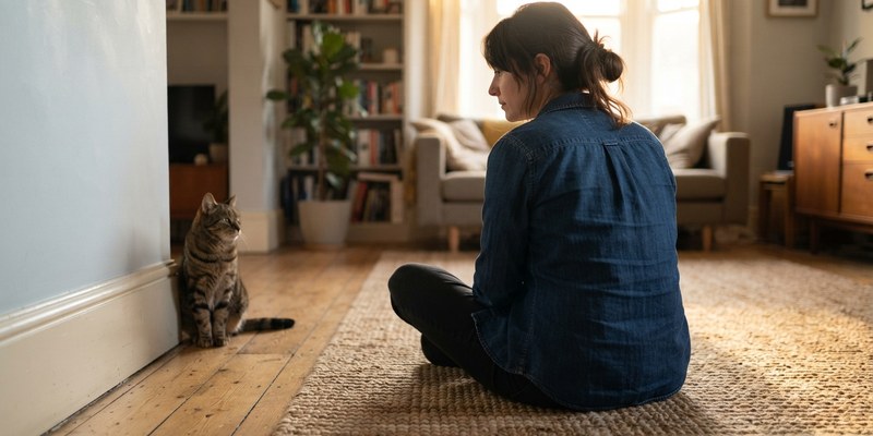 Persona sentada en el suelo mirando la habitación a la altura del gato que la observa