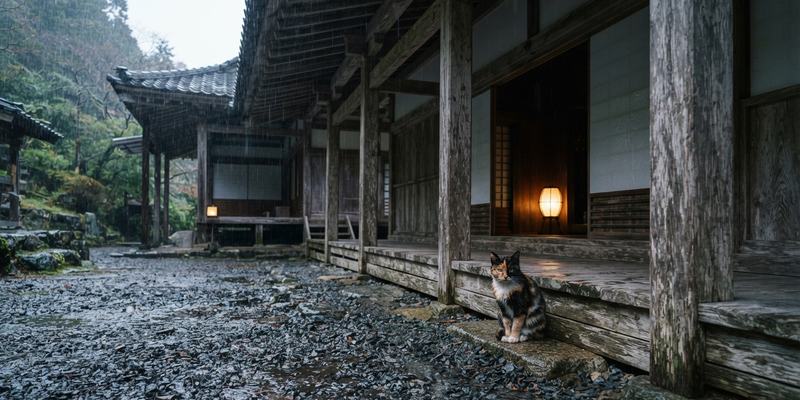 Gato calicó sentado bajo el alero de un templo de madera mientras llueve en el patio