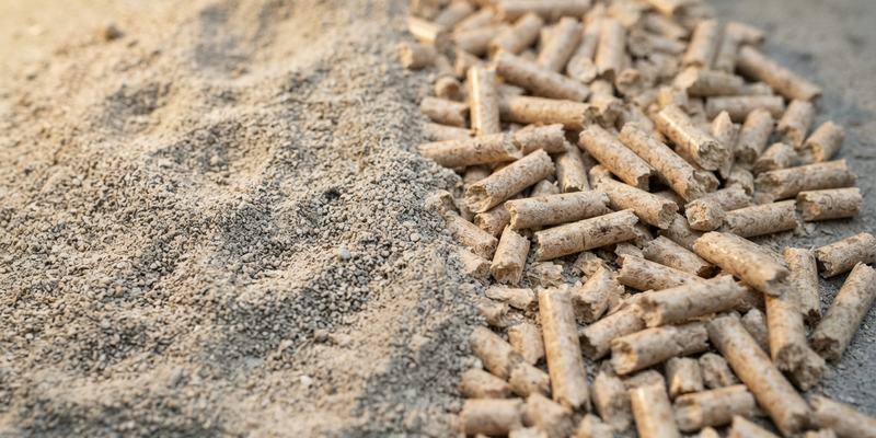 Superficie de arena dividida entre granos finos de un lado y pellets cilíndricos del otro