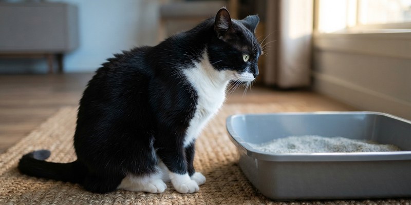 Gato blanco y negro sentado inmóvil frente a una bandeja de arena abierta