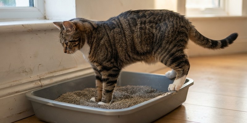Gato atigrado con las patas delanteras dentro de la bandeja y las traseras en el borde