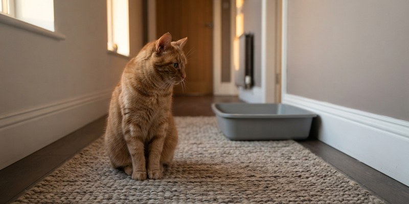 Gato pelirrojo sentado en una alfombra de lana dando la espalda a una bandeja de arena