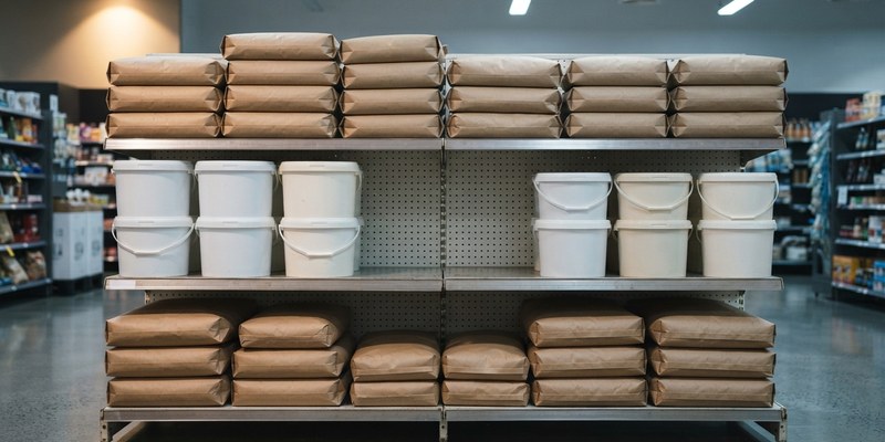 Estante de supermercado con sacos y cubos de arena sin marcas y un hueco vacío