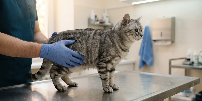 Gato atigrado plateado sobre una mesa de acero mientras unas manos enguantadas lo sujetan