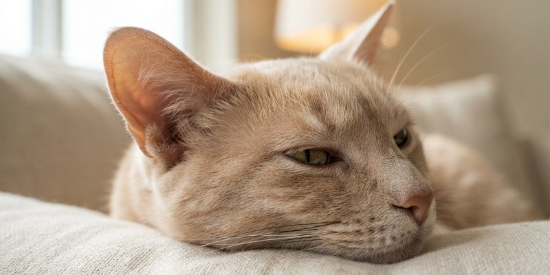 Primer plano de la cabeza de un gato crema con una oreja girada hacia atrás