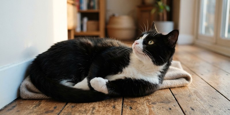 Gato blanco y negro tumbado en el suelo levantando solo la cabeza hacia una voz