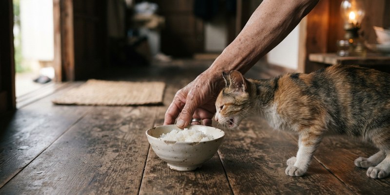 Mano anciana dejando un cuenco de arroz en el suelo junto a un gato calicó delgado